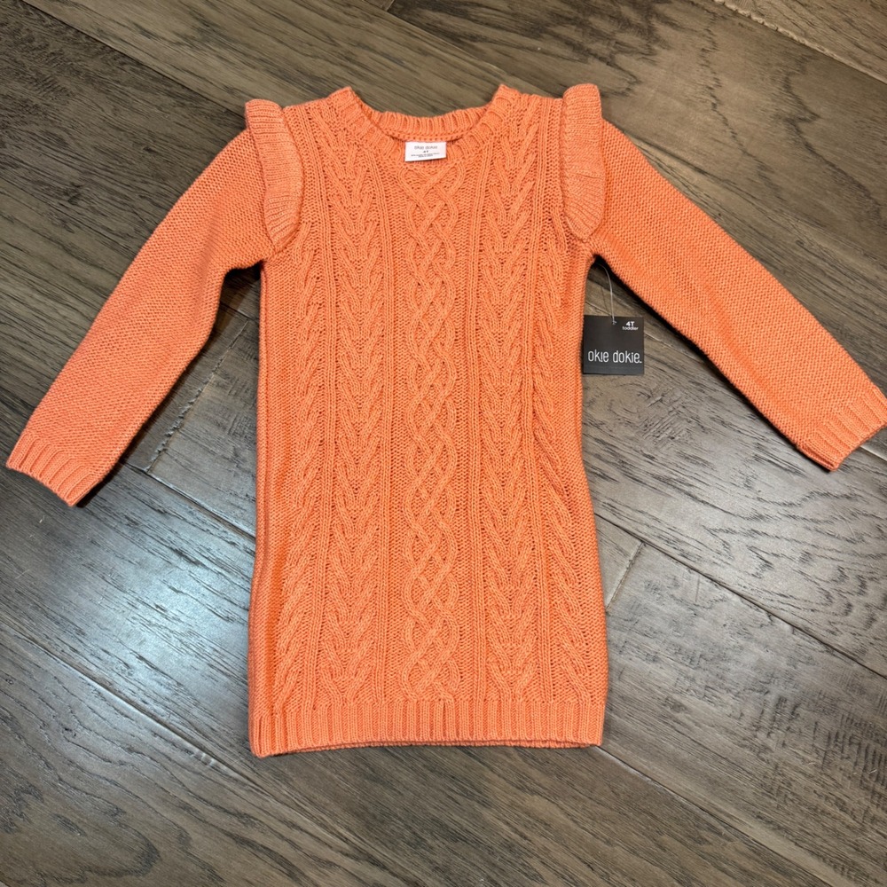 NWT Okie Dokie Girls 4T Coral Cable Knit Sweater‎ Dress Toddler Long Sleeve